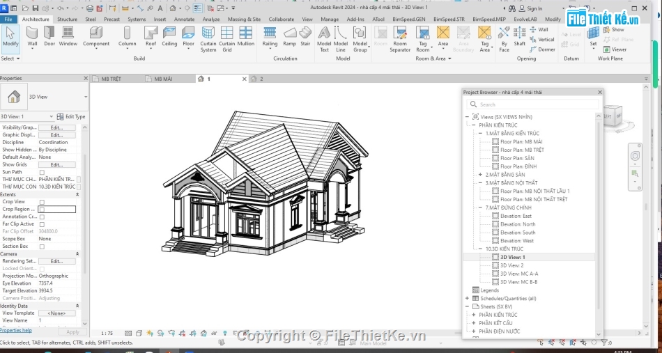 mái ngói,Nhà mái thái cấp 4,revit,kiến trúc