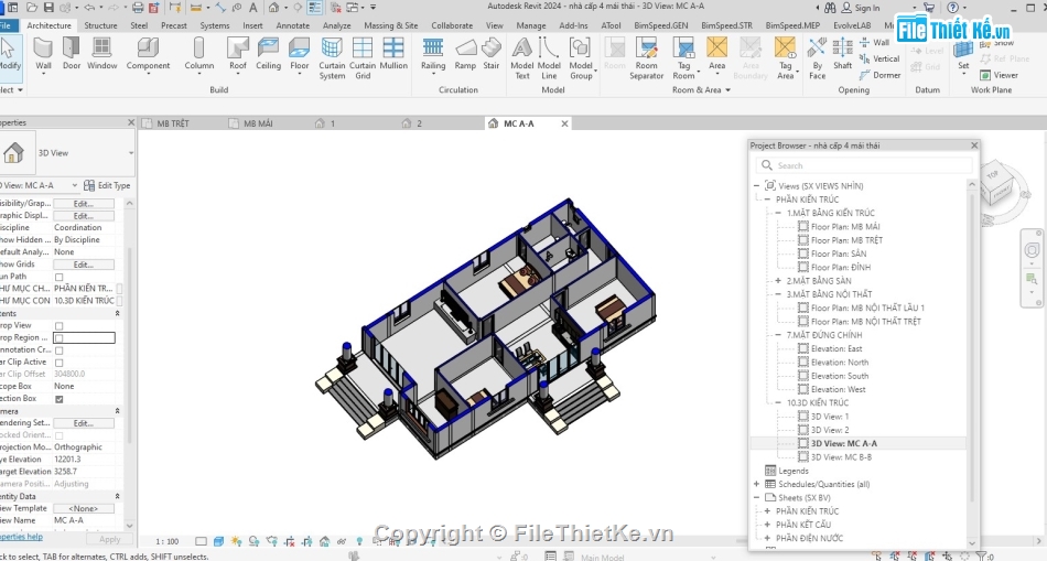 mái ngói,Nhà mái thái cấp 4,revit,kiến trúc