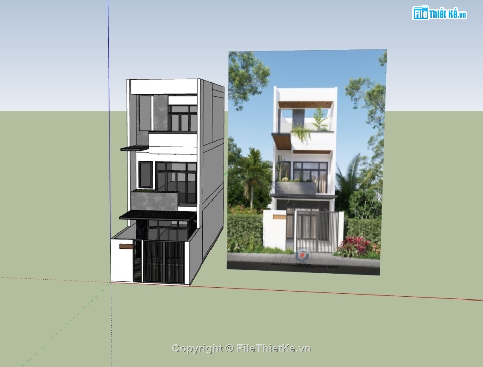 Nhà phố 3 tầng,file sketchup nhà phố 3 tầng,mẫu nhà phố hiện đại