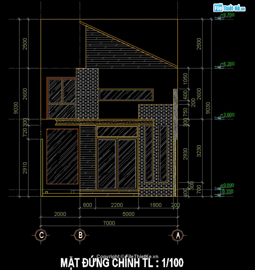 Nhà phố gác lửng 7x25m,Bản vẽ nhà gác lửng 7x25m,File cad nhà phố gác lửng,Thiết kế nhà gác lửng,Bản vẽ autocad nhà gác lửng