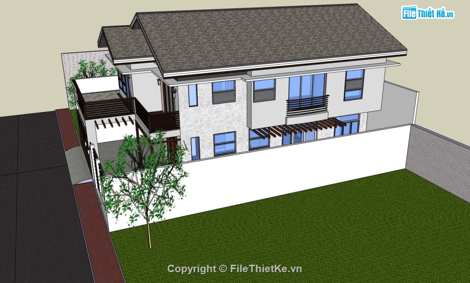 Phối cảnh biệt thự,model biệt thự 2 tầng,file su biệt thự 2 tầng,file sketchup biệt thự 2 tầng