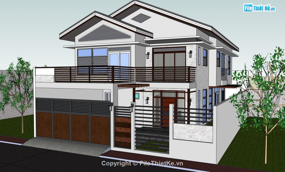 Phối cảnh biệt thự,model biệt thự 2 tầng,file su biệt thự 2 tầng,file sketchup biệt thự 2 tầng