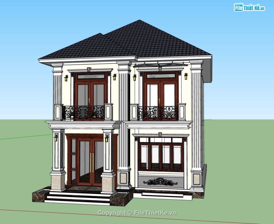 biệt thự 2 tầng,Phối cảnh biệt thự,mẫu biệt thự 2 tầng,sketchup biệt thự