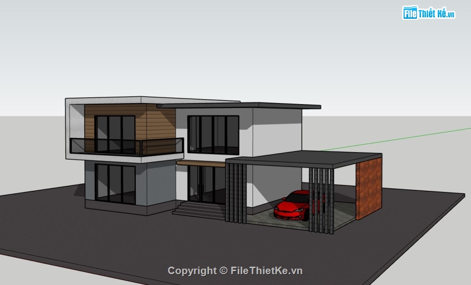 biệt thự 2 tầng,file sketchup biệt thự,biệt thự mái bằng,bao cảnh biệt thự 2 tầng