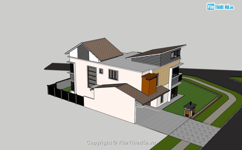 biệt thự 2 tầng,biệt thự sketchup,phối cảnh biệt thự