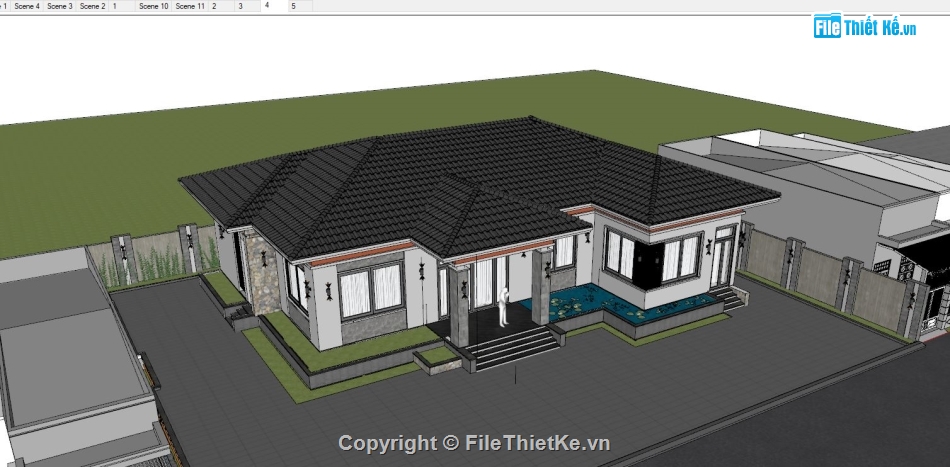 biệt thự 1 tầng,phối cảnh biệt thự 1 tầng,sketchup biệt thự 1 tầng