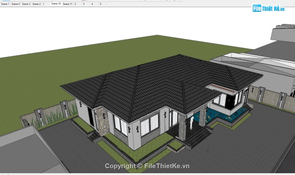 biệt thự 1 tầng,phối cảnh biệt thự 1 tầng,sketchup biệt thự 1 tầng