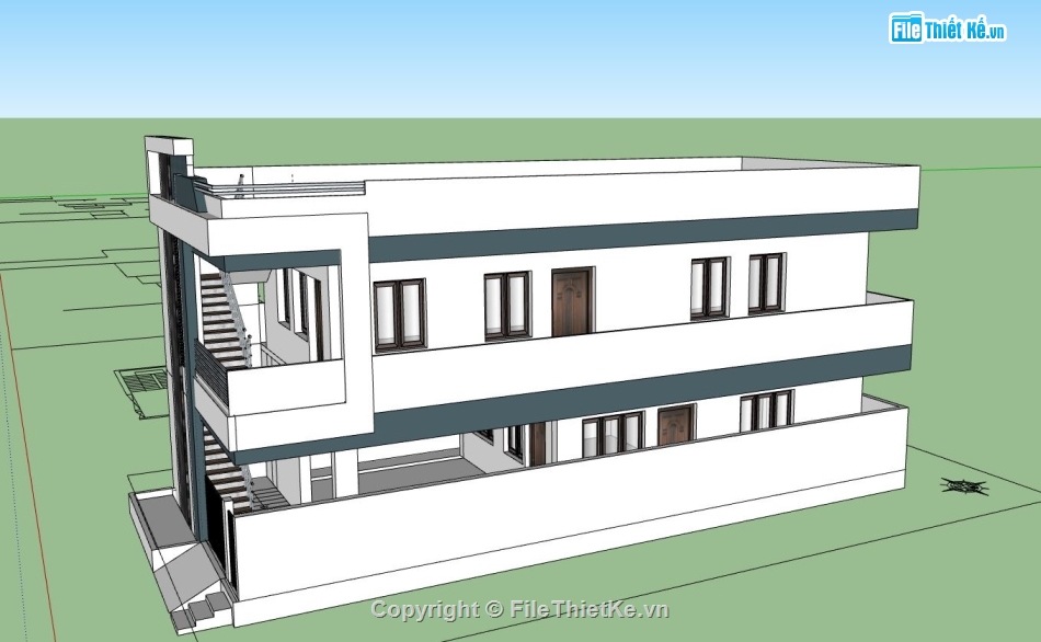 nhà 2 tầng,ngoại thất nhà 2 tầng,sketchup nhà 2 tầng,nhà 2 tầng mái bằng