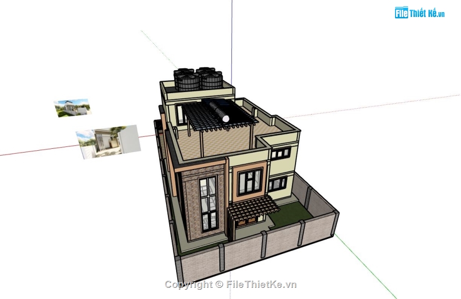 nhà phố 2 tầng 1 tum,file sketchup nhà phố hiện đại,mẫu sketchup nhà phố,thiết kế nhà phố đẹp