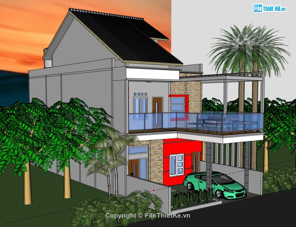 Nhà phố 2 tầng,model su nhà phố 2 tầng,file sketchup nhà phố 2 tầng