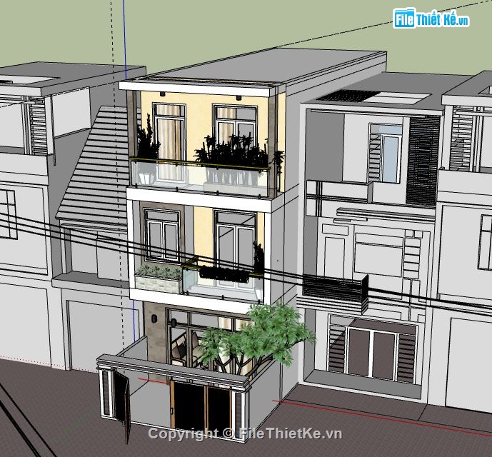 Nhà phố 3 tầng,model su nhà phố 3 tầng,sketchup nhà phố 3 tầng