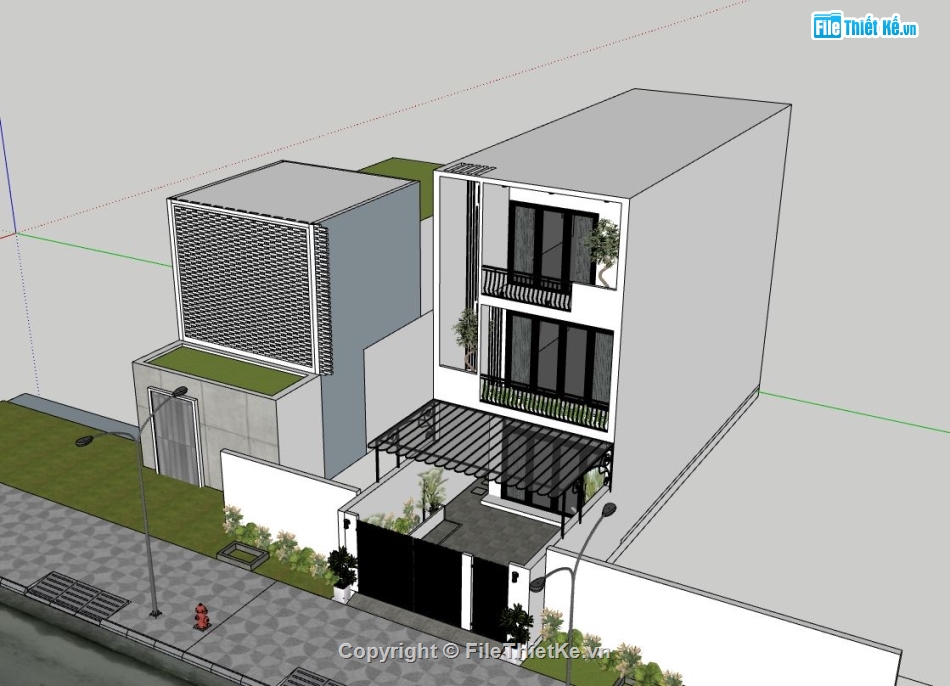 nhà phố 3 tầng,file sketchup nhà phố 3 tầng,phối cảnh nhà phố