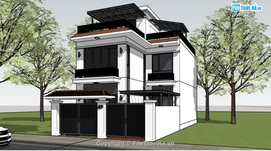 biệt thự 2 tầng,sketchup biệt thự,su biệt thự 2 tầng 1 tum