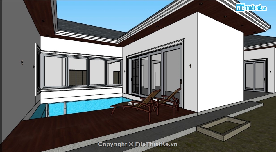 file 3d sketchup,sketchup nhà 1 tầng,mẫu biệt thự 1 tầng,sketchup biệt thự 1 tầng