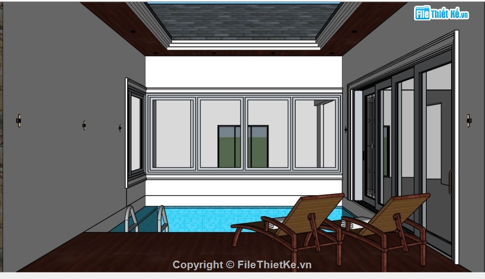 file 3d sketchup,sketchup nhà 1 tầng,mẫu biệt thự 1 tầng,sketchup biệt thự 1 tầng