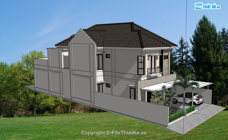 villa 2 tầng,sketchup villa 2 tầng,thiết kế villa 2 tầng,phối cảnh villa model sketchup