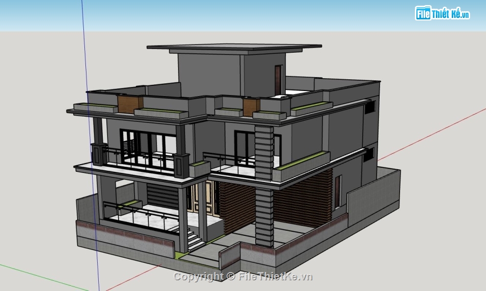 biệt thự 2 tầng,biệt thự sketchup,biệt thự mái bằng