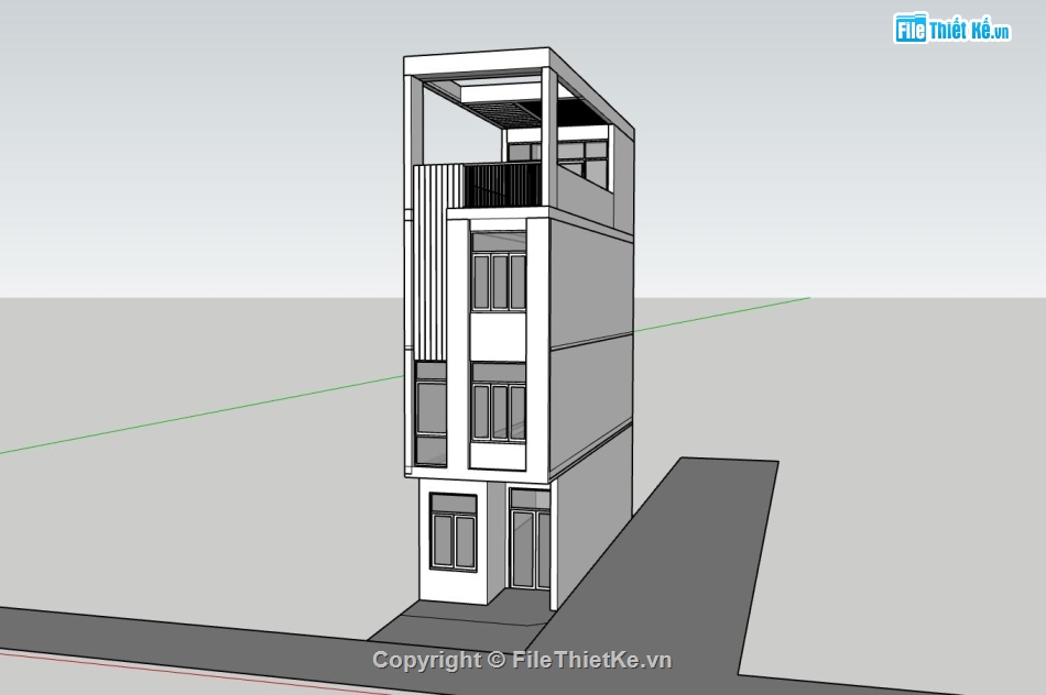 bản vẽ nhà phố 4 tầng,model sketchup nhà phố 4 tầng,phối cảnh nhà phố 4 tầng