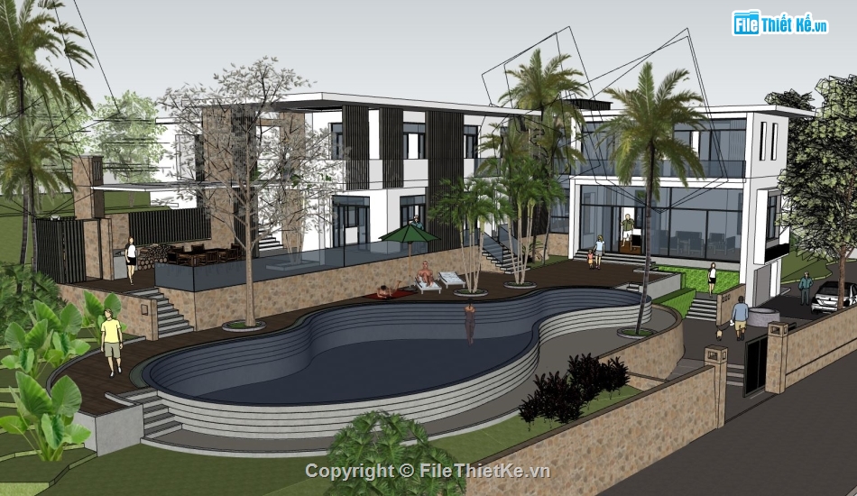 Villa 2 tầng file sketchup,Model su villa 2 tầng,villa 2 tầng model su,file sketchup villa 2 tầng