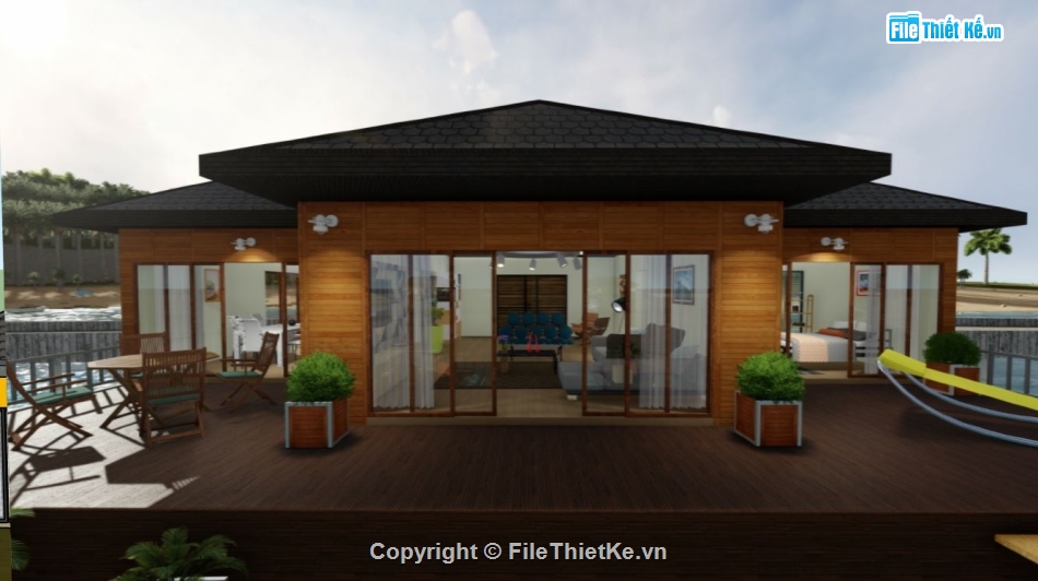 Villa nghỉ dưỡng 1 tầng,villa đẹp,hồ sơ thiết kế villa,file sketchup villa,model sketchup villa