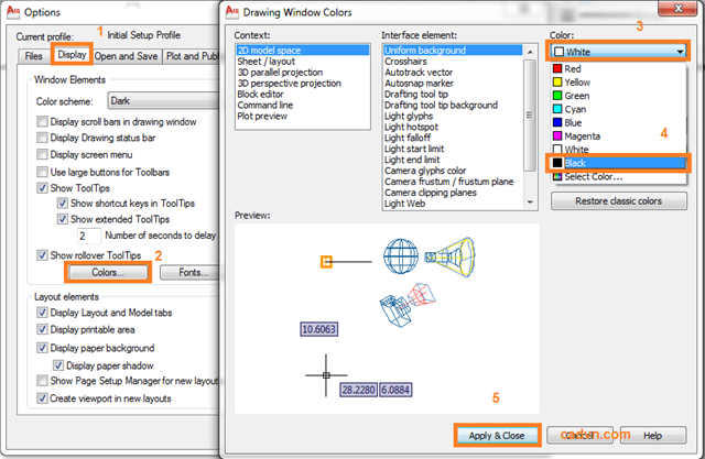 autocad,  thay đổi mầu nền, mầu của autocad