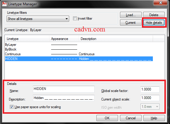 thiết lập linetype, bản vẽ autocad, sử dụng đường nét